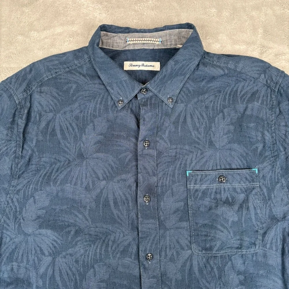 Tommy Bahama Mens‎ Large Blue Palm Tree Print Button Up Shirt Tropical Resort